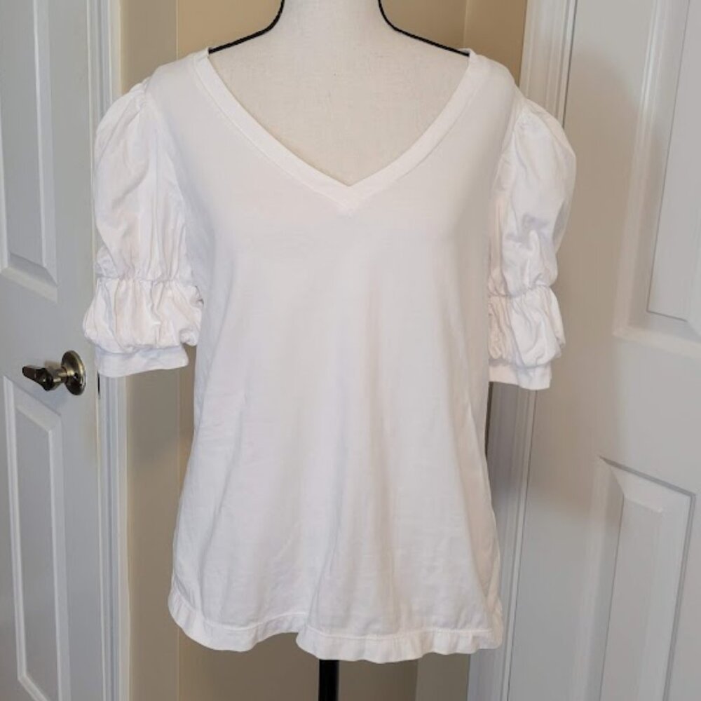 Lilly Pulitzer Dicola White Puff Sleeve V-Neck Top — Size Medium — 100% Cotton